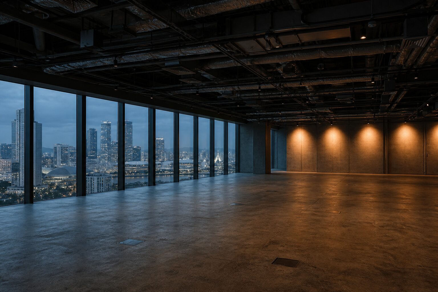 Bare grade A office floor in a Singapore CBD tower at dusk