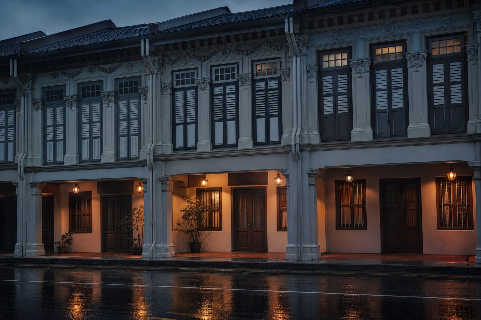 Row of restored conservation shophouses in Singapore at blue hour