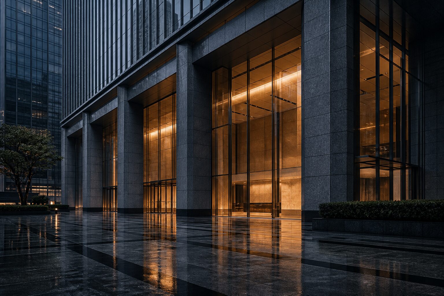 Lit lobby at the base of a Singapore CBD office tower at blue hour
