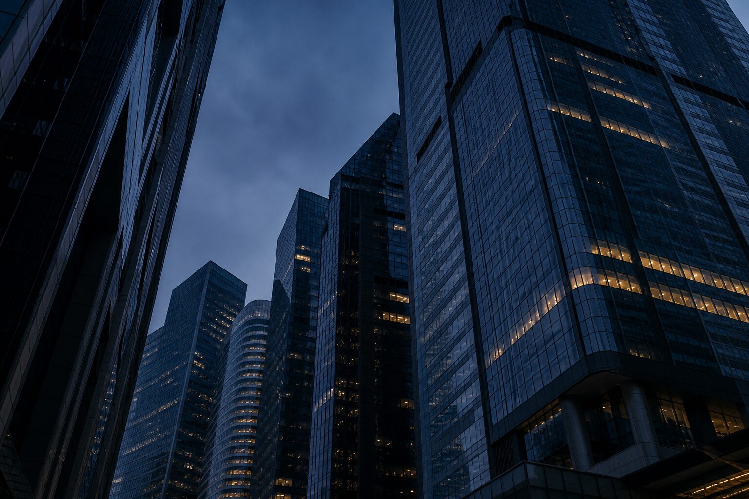 Singapore CBD office towers seen from below at blue hour