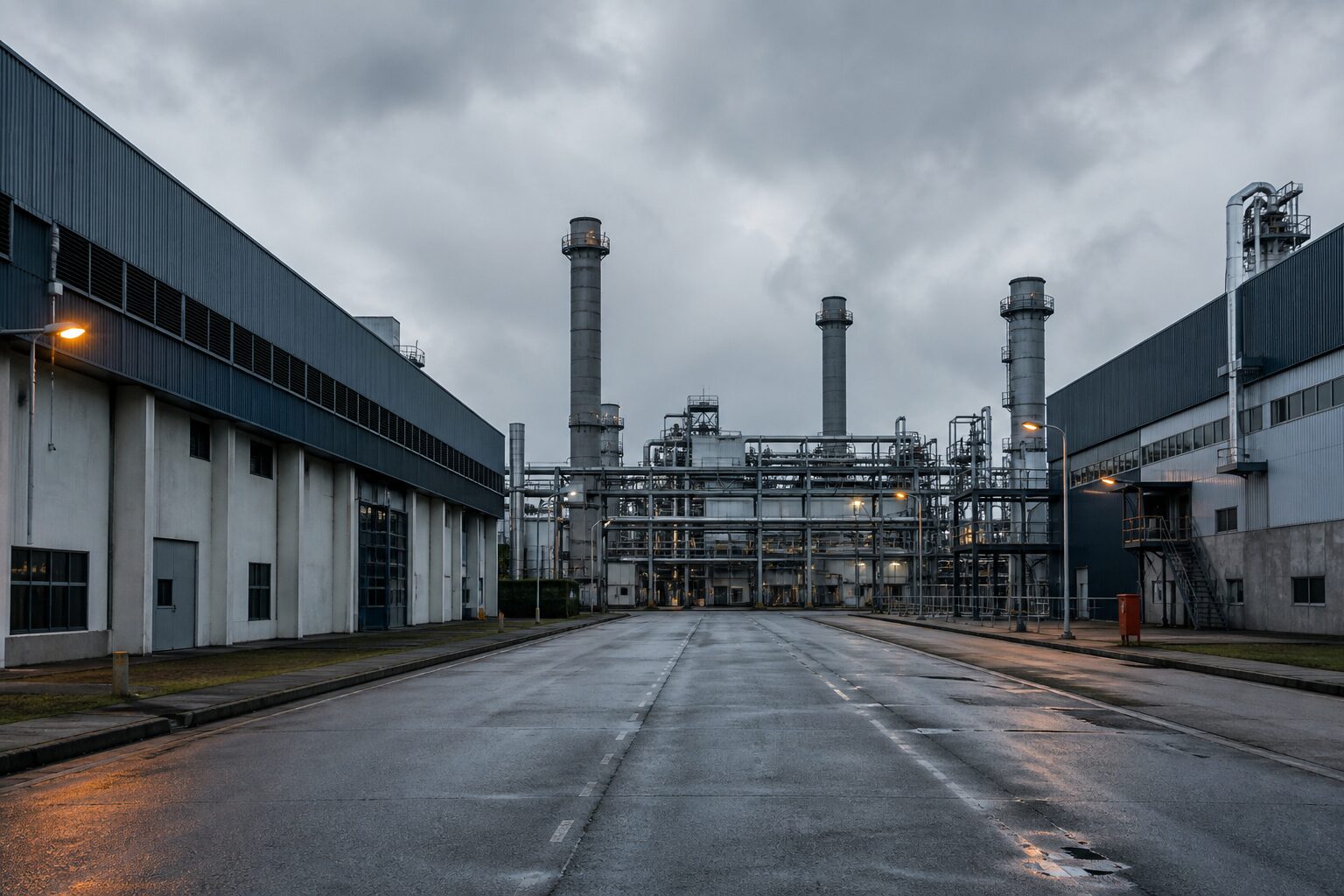 Singapore heavy-industry estate with low-rise factory blocks, pipework and chimney stacks