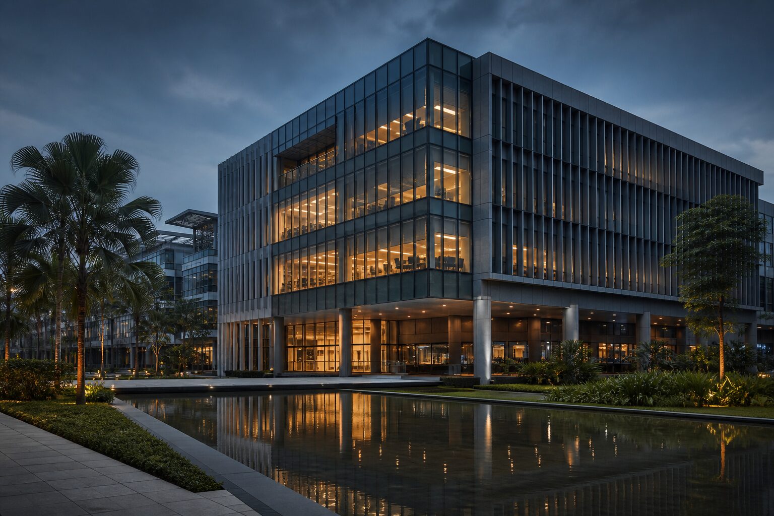 Contemporary Singapore business park block with a glass curtain wall and a reflecting pool at dusk
