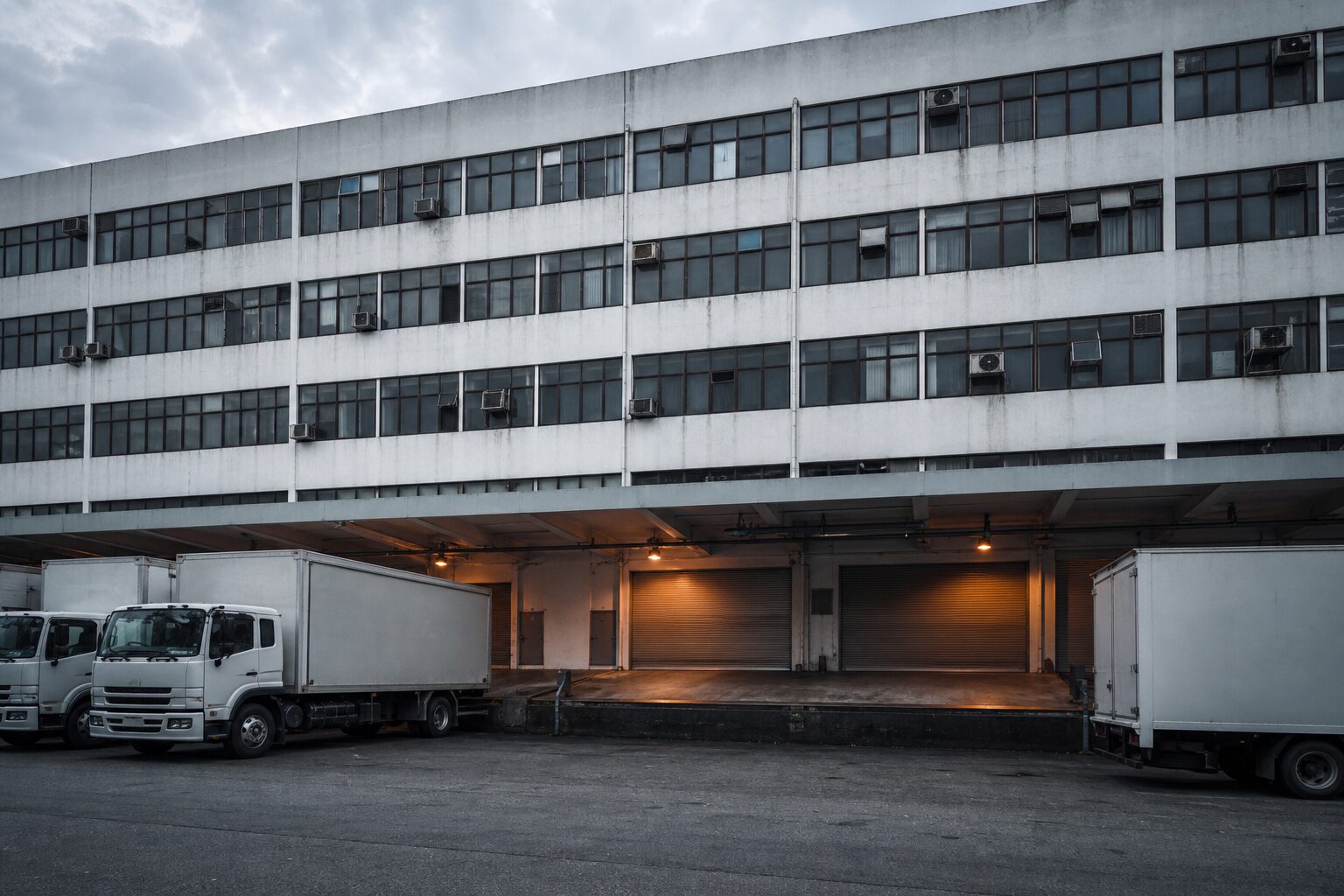 Multi-storey flatted factory block in Singapore with cargo-lift loading bays and lorries at the service road
