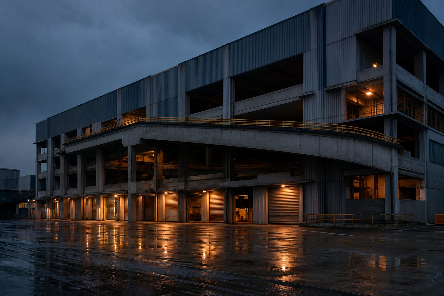 Ramp-up industrial building in Singapore at dusk, with roller-shutter loading bays lit from within