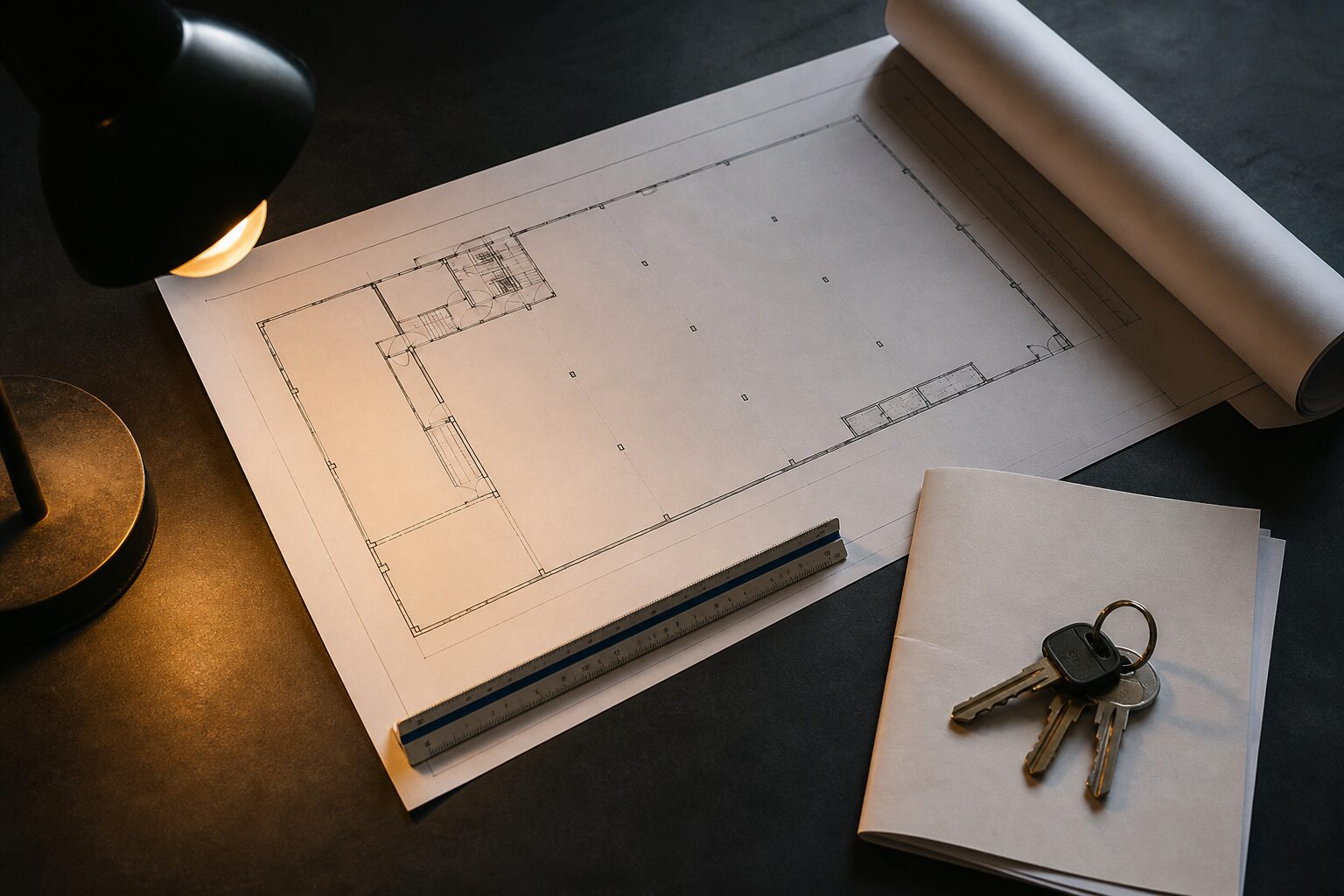 A factory floor plan, a scale rule and a lease document on a desk under a single lamp